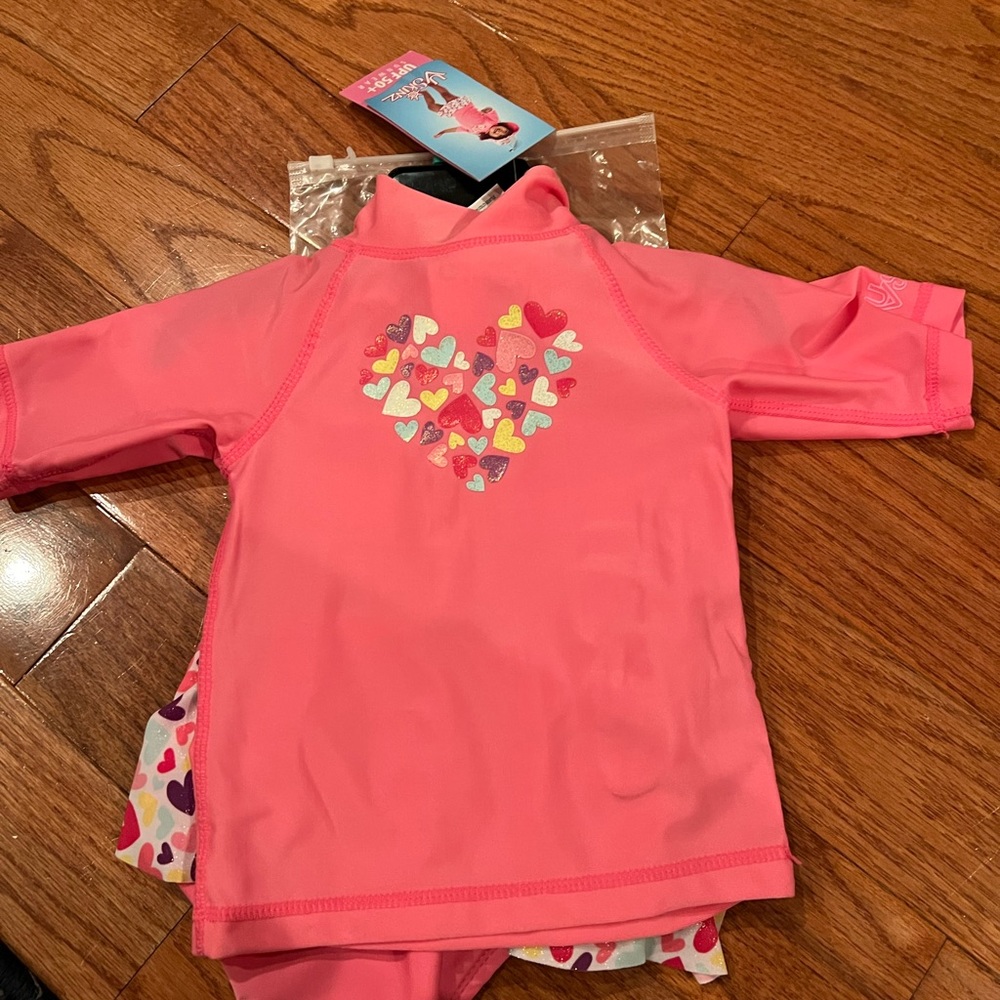NWT infant girls 2-piece pink hearts bathing suit and sun hat! UPF 50